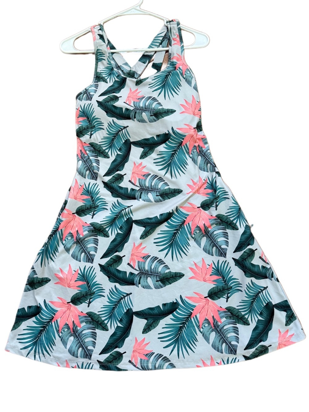 Tropical Coral Leaf Print Outdoor Activewear Dress Medium Built in Sports Bra